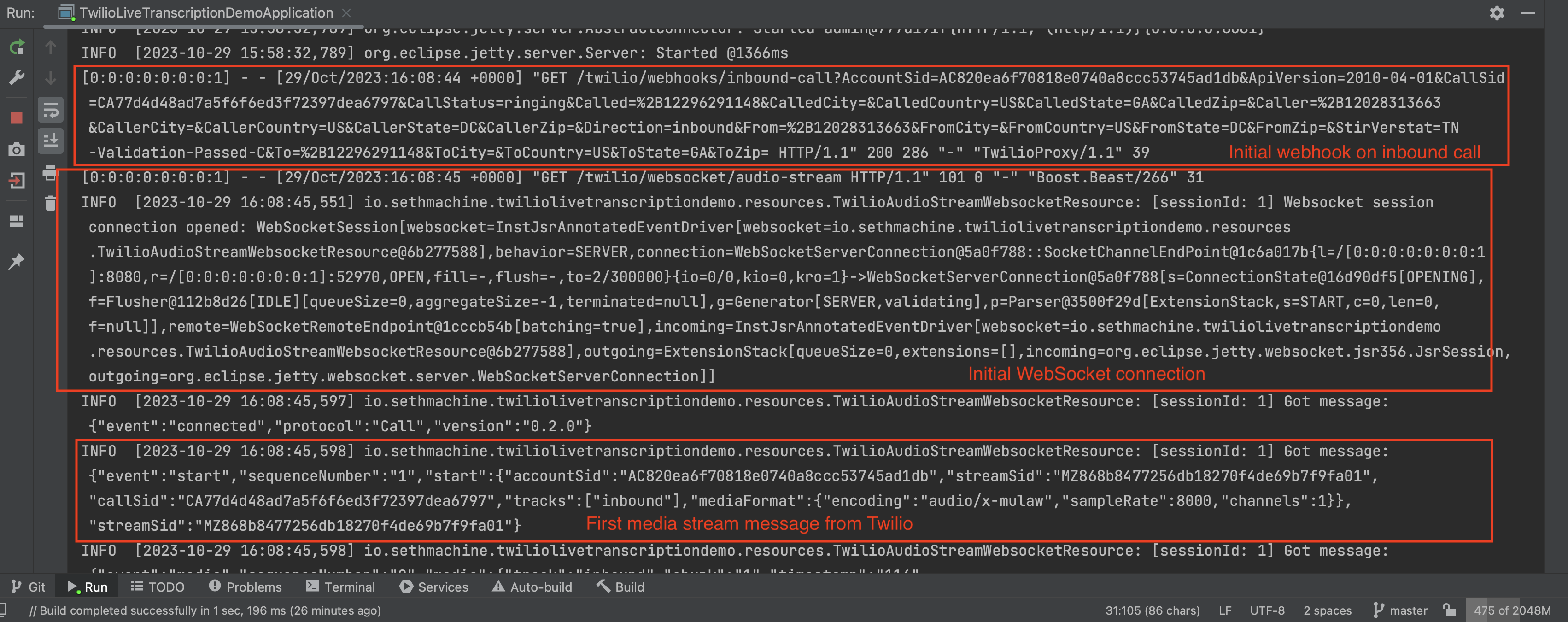 Console output for Twilio incoming call