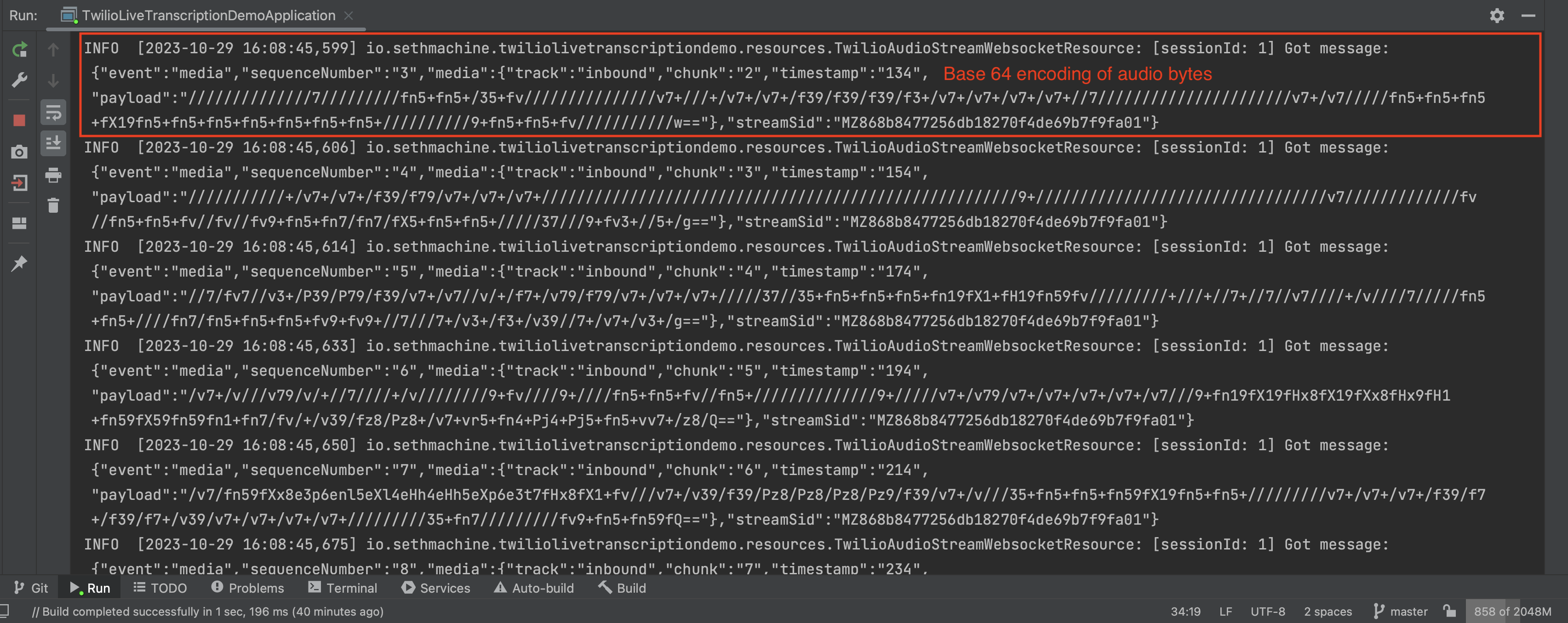 Console output for Twilio incoming call