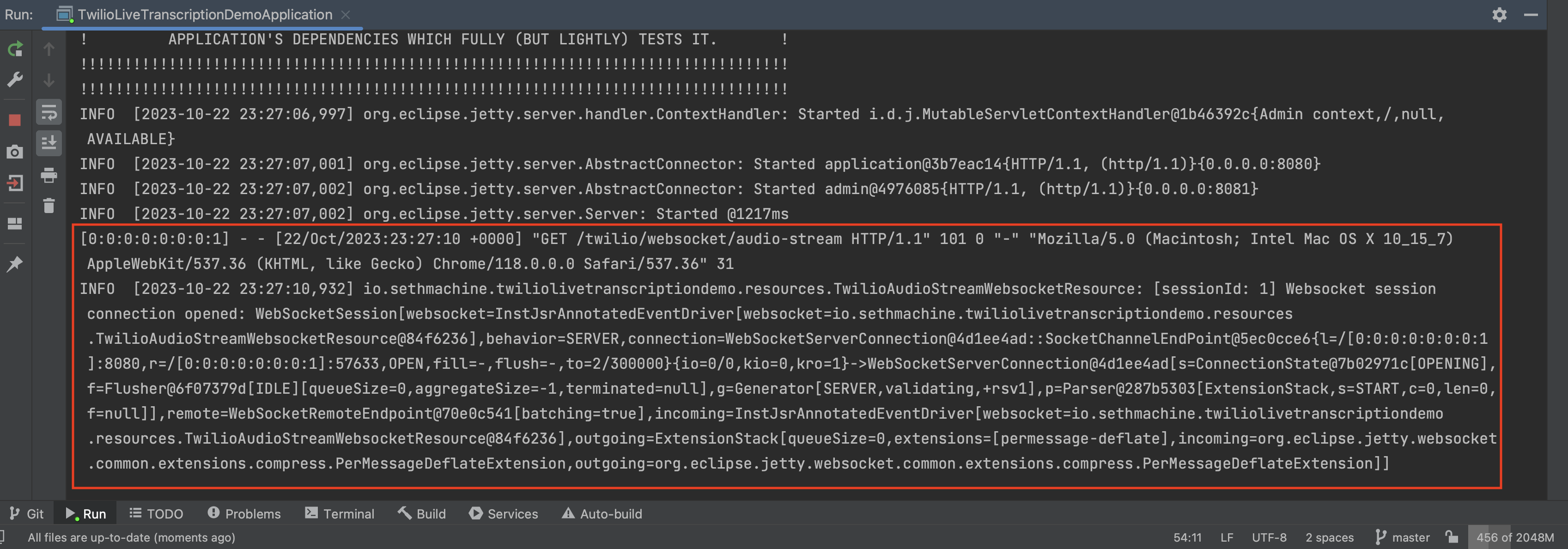 Server Initial Output when connecting via websocket