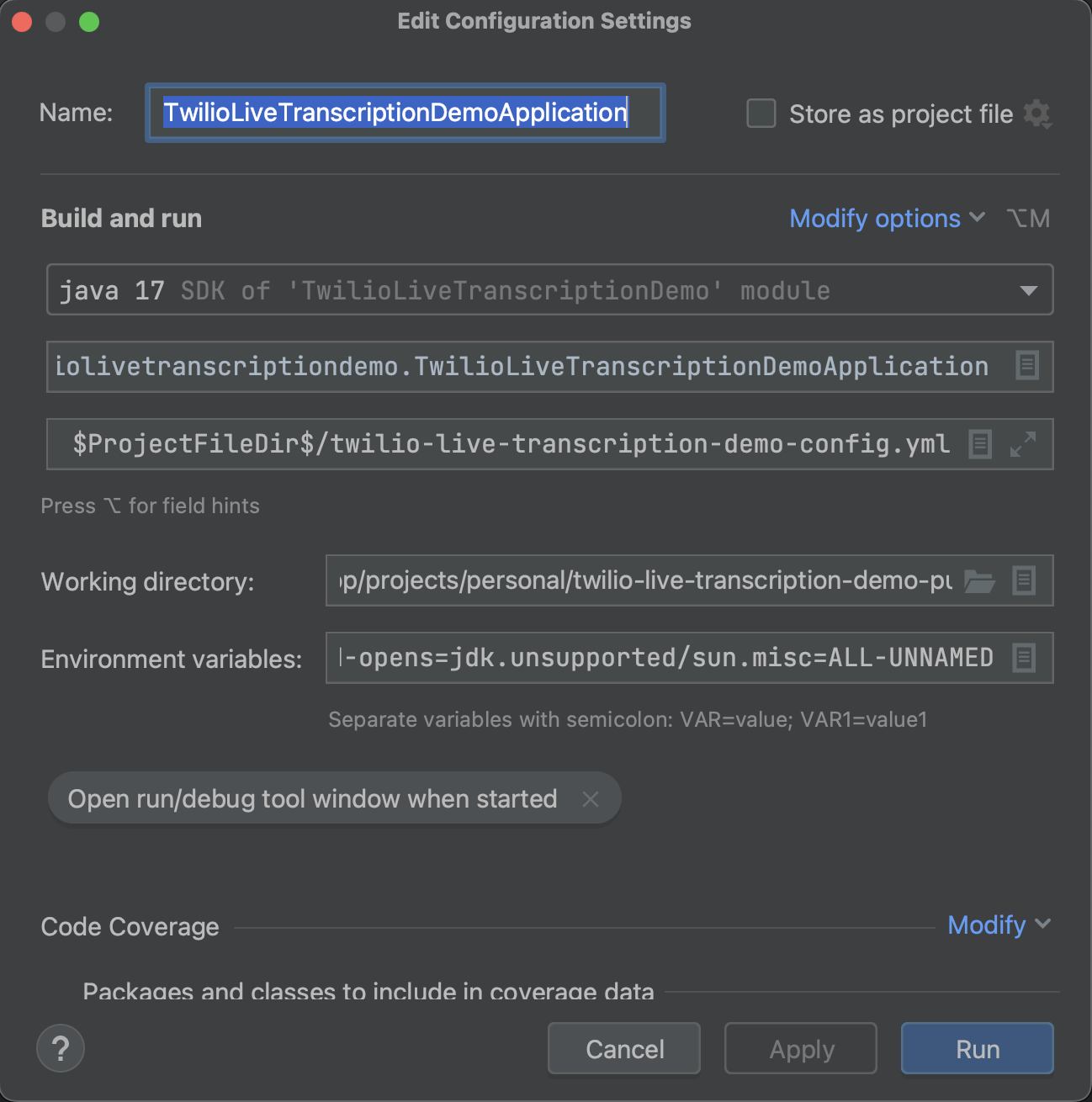 Edit run config part 1